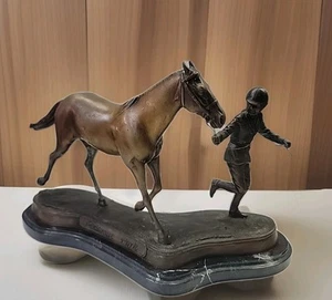 Delaware Park Bronze Statue On Marble Jocky Horse Racing Equestrian Vintage - Picture 1 of 7