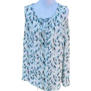 Blusa Top Azul Casa Blanca Mercado Negro Plus 16W Sin Mangas Cuello Atado Estampado Hoja - Imagen 1 de 6