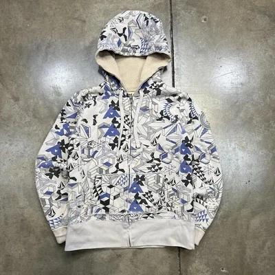 Vintage Volcom Zip Up Hoodie Small Grey Y2K Punk Skater Grunge AOP Sweatshirt - Image 1 of 4