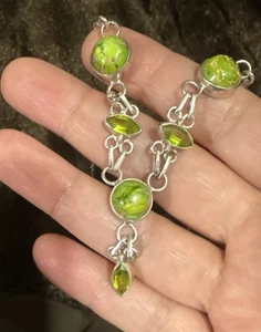 Vintage.925 Sterling Silver  Green Turquoise , Peridot Necklace 16 Inches - Picture 1 of 14
