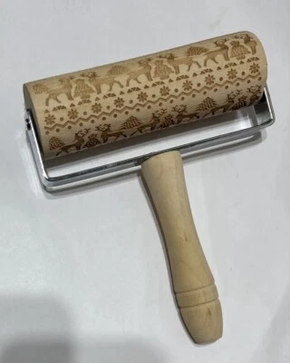 Wooden Rolling Carved Embossing Roller Cookie Paint Reindeer Evergreen Trees 6” - Image 1 of 4