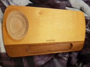 Vintage - Wooden Cheese Board With Glass Chutney Dish - Picture 1 of 4
