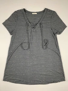 12PM By Mon Ami Women's Medium/Large Striped Lace Up V-Neck Short Sleeve Top - Picture 1 of 7