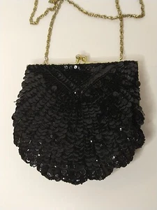 Speyer Milor handgefertigte Pailletten Clutch Flapper Party schwarz mit Goldkette Vintage - Bild 1 von 8