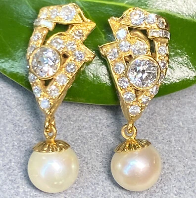 Vintage Earrings Old European Diamond Pearl Dangle Estate Fine Jewelry Pre-Owned - Image 1 of 4