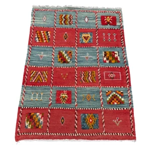 Afghan Mixed Technique Kilim Rug 3.5 x 4.8 ft - Red Blue Boho Tribal Wool Rug - Picture 1 of 12