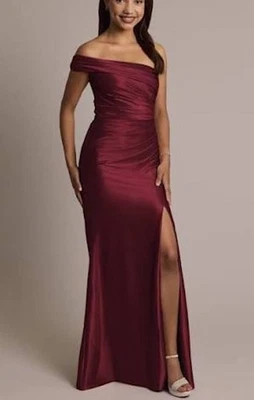Vestido de um ombro Galina Signature franzido tamanho 6 vinho noite dama de honra formal - Imagem 1 de 4