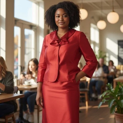Traje Emily Mujer 16W Rojo Chaqueta Falda Volantes Cuello Vacaciones Ocasión Especial Foto 1 de 4