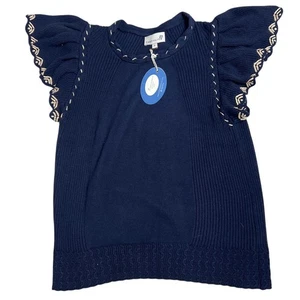 NWT Cartolina Nantucket Madeline Navy Flutter Sleeve Sweater Size Small  - Picture 1 of 5