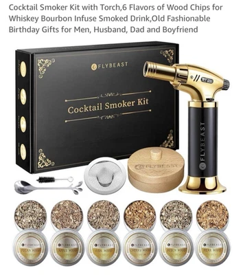 FLYBEAST Cocktail Smoker Kit with Torch, 6 Flavors of Wood Chips for Whiskey Bourbon NEW