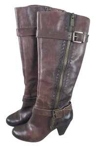 Arturo Chiang Women's Heeled Knee High Boots Brown Leather Size 8M Buckles - Picture 1 of 14
