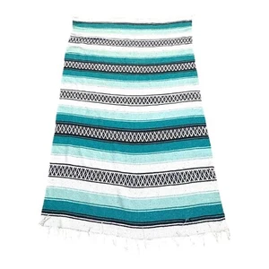 Mexican Falsa Blanket Yoga Rug Throw Blue Black Stripes Vintage 47x79 Large SEE - Picture 1 of 4