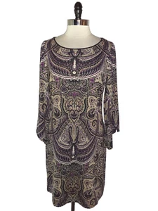 INC International Concepts Sz L A-Line Dress Beige Black Purple Paisley Stretch - Picture 1 of 6