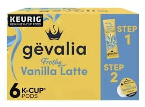 GEVALIA 2-step VANILLA LATTE Espresso K-Cup Coffee Pods+Froth Packets (6 Ct Box) - Picture 1 of 5