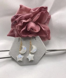 14K Gold Moonstone Earrings Moon Star Handmade Natural Briolette Celestial - Picture 1 of 8