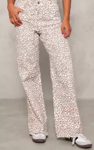 Pretty Little Thing beige Leopardenmuster weites Bein Jeans Größe 6 UVP 34 £ - Bild 1 von 7