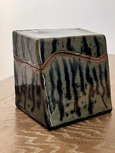 Studio Art Pottery Lidded Trinket Box Blue Gray Sun Motif Signed 5.5”x5.5” VTG - Picture 1 of 18
