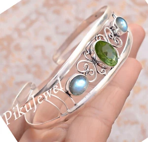 Peridot Cut & Labradorite Gemstone  925 Sterling Silver Bangle Spacial Jewelry - Picture 1 of 6