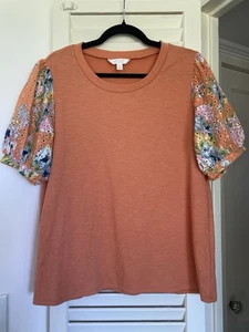 Lauren Conrad orange Stricktop mit kurzen Blumenprint Ösenärmeln Large Boho - Bild 1 von 5