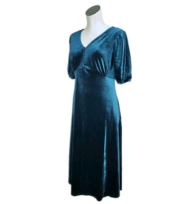 Vestido midi Briggs New York para mujer S de terciopelo de vacaciones con cuello en V elástico azul azulado Foto 1 de 4