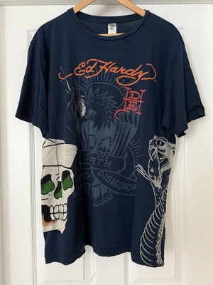Vintage Ed Hardy Shirt Size 2XL Navy Blue Tattoo Art AOP Graphic Y2K Vtg T Xxl - Image 1 of 4
