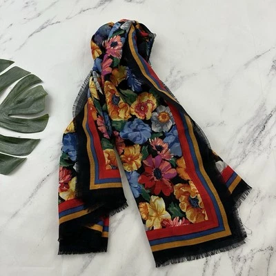 Bufanda de lana Charter Club vintage años 90 negra colorida floral cuadrada grande Foto 1 de 4