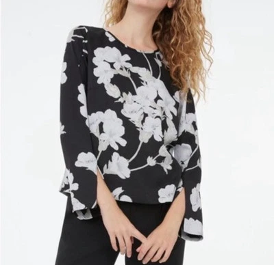 Blusa Club Monaco Mujer Grande Manga Larga Acampanada Top Negra Floral Satén Foto 1 de 4