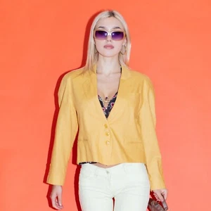90's Vintage retro cropped linen blazer in blonde yellow - Picture 1 of 6