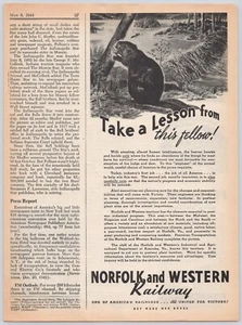 Norfolk and Western Railway Beaver Chewing Tree Vintage Print Ad 1944 - Picture 1 of 5