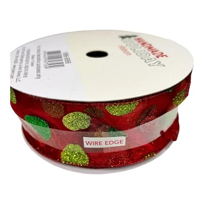Wired Edge Ribbon Red Glitter 2.5" X 100 ft Christmas Holiday Wreath Craft Decor - Image 1 of 4