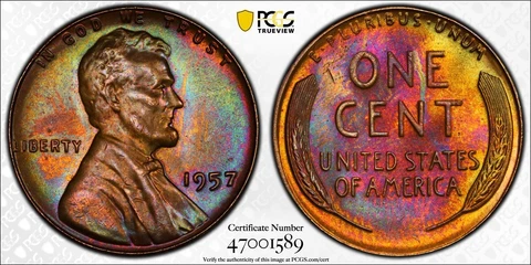 MS65BN 1957 1C Lincoln Wheat Cent, PCGS Secure- Rainbow Mint Set Toned Cover