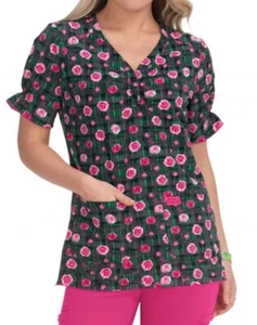 Betsey Johnson Koi Canola Women’s Scrub Top Cozy Roses - Picture 1 of 15