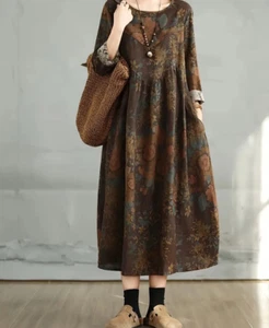 ❣️Landhaus Maxi Kleid Taschen Leinen L 40 XL 42 44 2XL Erde Cottage braun Boho - Bild 1 von 7