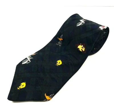 Looney Tunes Mania Green Plaid Tie Bugs Sylvester Tweety Taz Daffy Necktie 1993 - Image 1 of 4