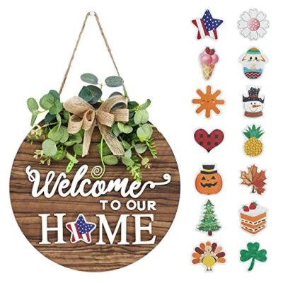 Interchangeable Seasonal Welcome Sign Front Door Decoration, Rustic Round 12" - Image 1 of 4