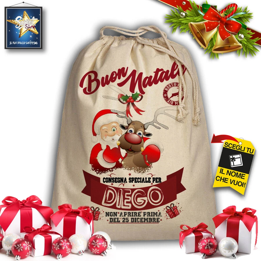 SACCO DI NATALE COTONE PERSONALIZZATO BABBO NATALE IDEA REGALO BAMBINI 50X75 cm