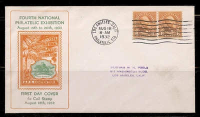 FDC 4TH NATIONAL PHILATELIC EXHIBITION cds L.A.CALIF 8,18,1932 Sc# 723 FKD PAIR - Image 1 of 4