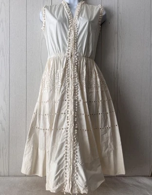 Vintage 1950s 60’s White Eyelet Dress S Pockets A-line Special Handmade Designer - Image 1 of 4