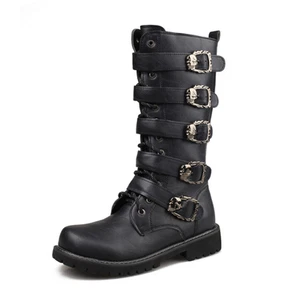 Mens Calf Military Outdoor Boots Leather Motorcycle Boots Gothic Belt Punk Boot - Picture 1 of 14