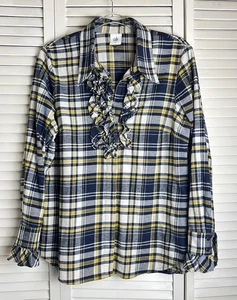Cabi Blue Yellow Plaid Flannel Ruffle 100% Cotton Button Down V Neck Top Medium - Picture 1 of 5