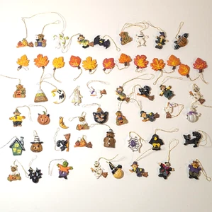 Vintage Halloween Mini Ornaments, Resin, Hanging Lot of 55, Cat Ghost Witch Leaf - Picture 1 of 9