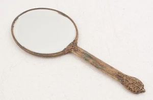 Brass Filligree Hand Mirror 30839 Celluloid Over Floral Embroidery 12" (C2L) - Picture 1 of 12