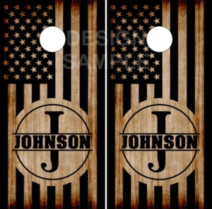 Burnt Wood Flag Name Cornhole Wrap Bag Toss Skin Decal Sticker  - Picture 1 of 1