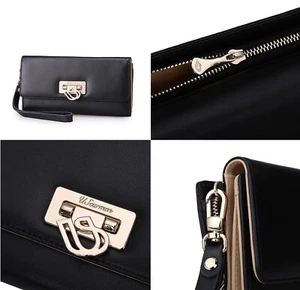 UScarmen Flip Lock Calfskin Leather Wristlet Wallet BLACK Women's - Picture 1 of 3