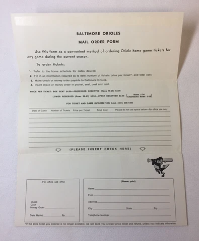 early 1970's BALTIMORE ORIOLES ticket brochure Cover