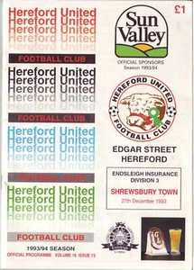 Hereford United v Shrewsbury Town 27 de diciembre de 1993 Tercera División - Imagen 1 de 1