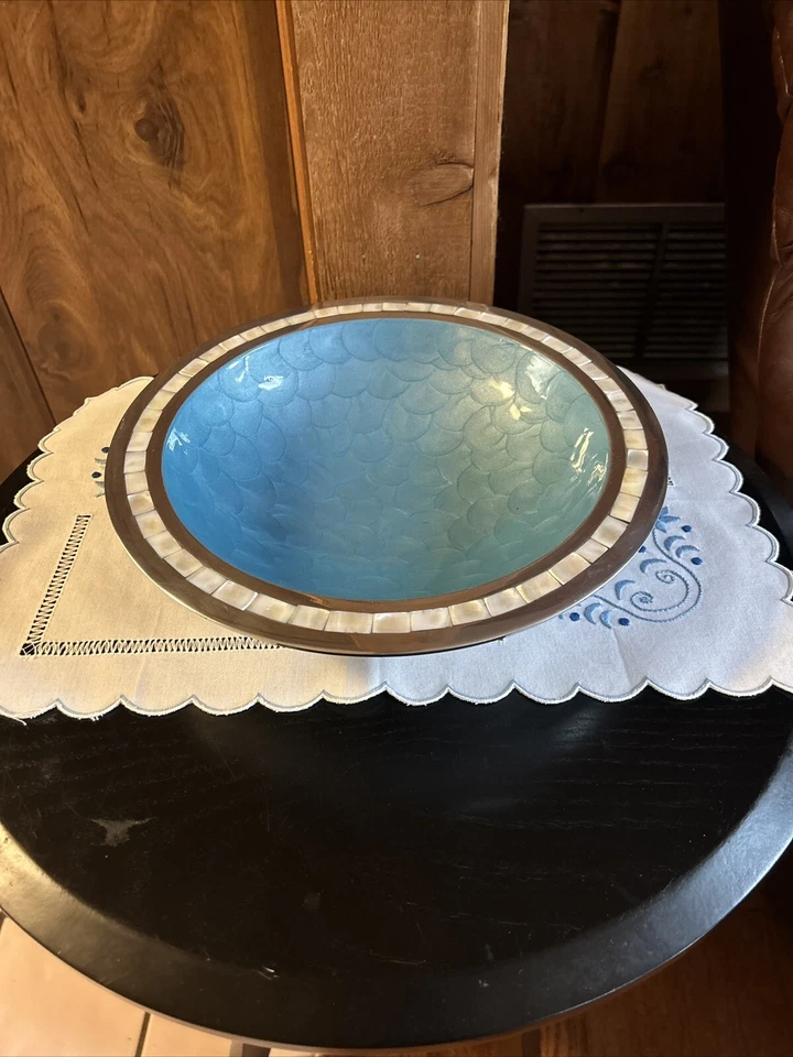 Julia Knight Bowl Sky Blue Enamel Thumbprint Mother Of Pearl Rim Inlay Signed - Image 1 of 4