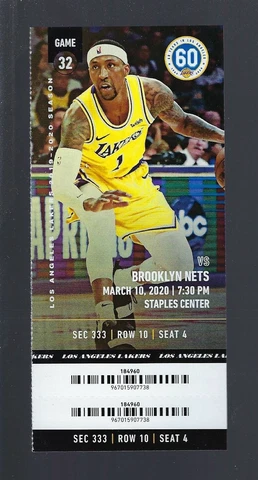 LAKERS FINAL GAME PLAYED BEFORE PANDEMIC vs NETS 2020 NBA FULL TICKET - MARCH 10 Cover