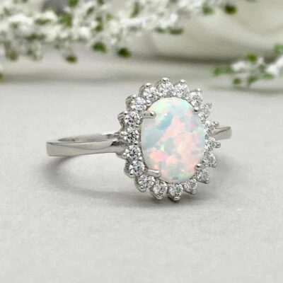 Australian Oval Fire Opal 925 Silver Art Deco Wedding Engagement Ring For Women - Image 1 of 4