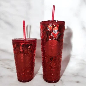 NEW Starbucks Red Geometric Cold Cups Diamond Pattern Tumblers 24oz & 16oz - Picture 1 of 5